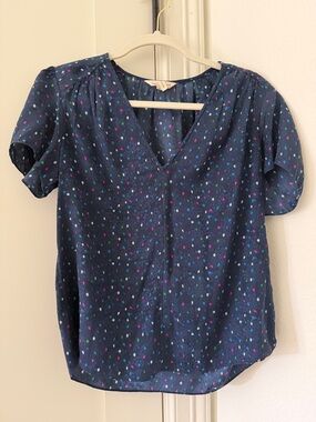 Rebecca Taylor Navy V-Neck Dot Print Blouse